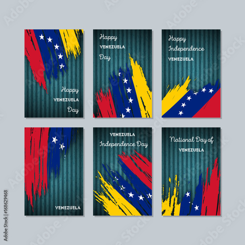 Venezuela Patriotic Cards for National Day. Expressive Brush Stroke in National Flag Colors on dark striped background. Venezuela Patriotic Vector Greeting Card.