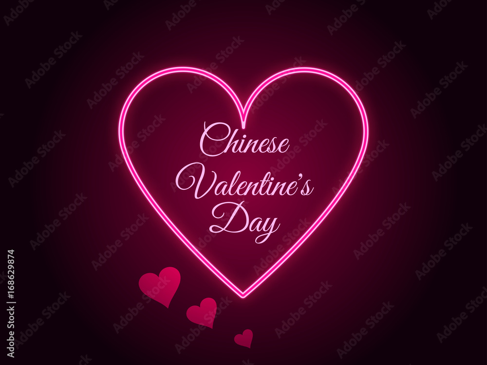 Chinese Valentine's Day. Neon heart. Qixi Festival. Vector illustration