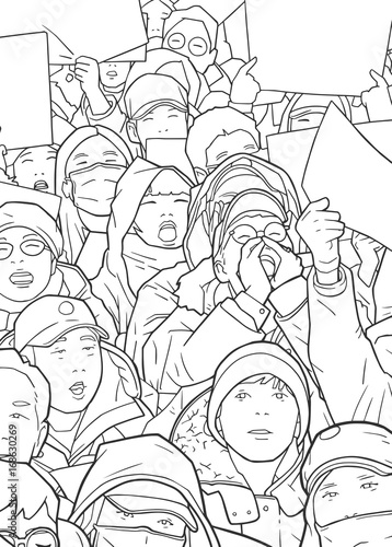 Illustration of mixed ethnic crowd protest with blank signs
