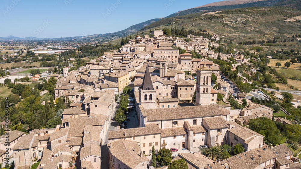 Spello, one of the most beautiful small town in Italy. Drone aerial view of the village 
