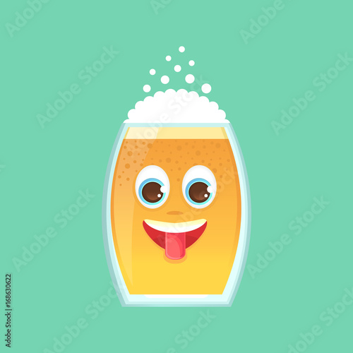 A cheerful, positive character with a glass of beer, foam and bubbles show tongue. Oktoberfest. Sticker for the messenger and other communication links. Vector illustration in a cartoon style.