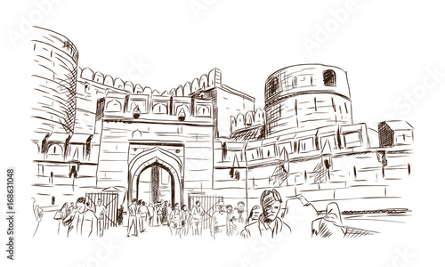 Agra fort in vector sketch illustration. Hand drawn sketch.