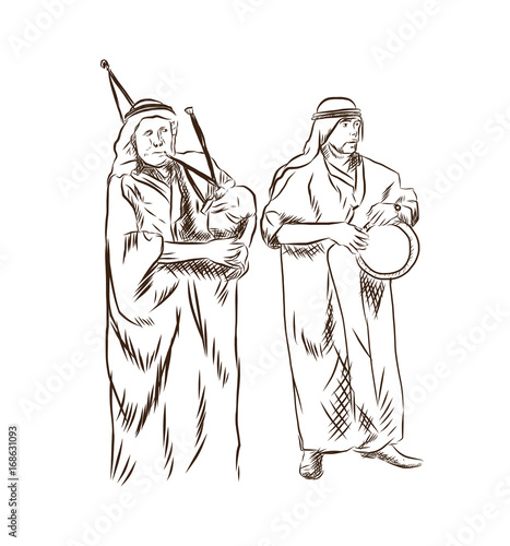 Hand drawn sketch of Arabic marriage music by man with standing man in vector illustration.