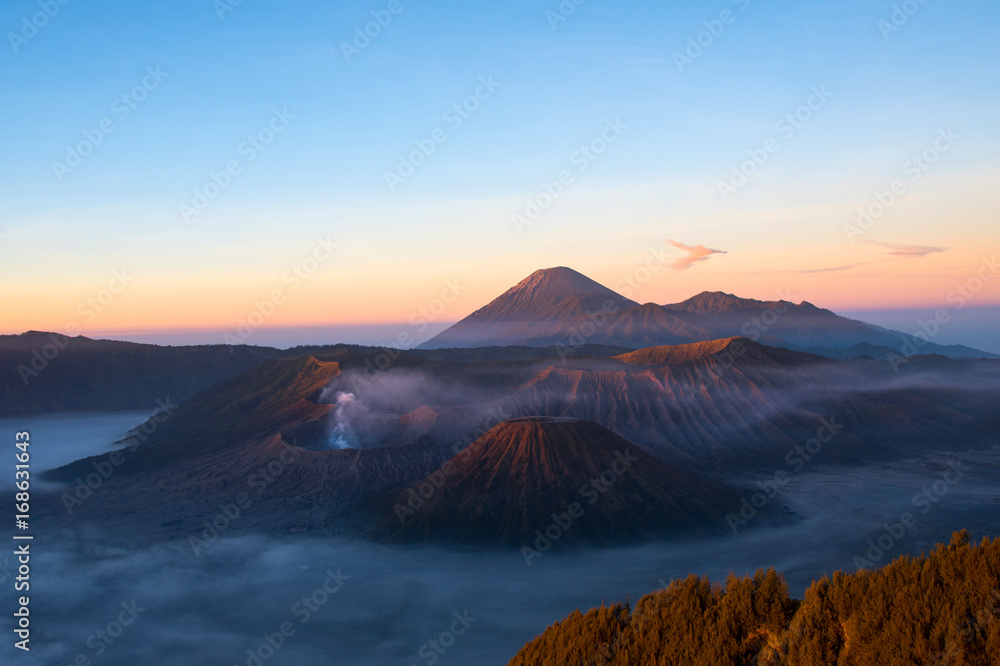 Mount Bromo volcano during sunrise, the magnificent view of Mt.Bromo located in Bromo Tengger Semeru National Park, East Java, Indonesia, Kingkong Hill viewpoint, Penajakan

