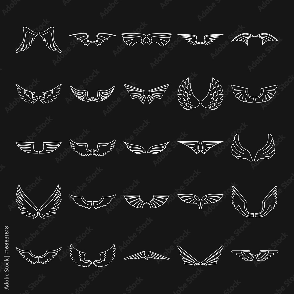 Fototapeta premium Wings set thin line vector illustration for design and web isolated on black