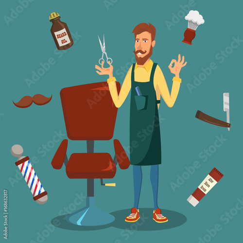 Cute Barber Vector. Cartoon Happy Hipster Barber Man. Professional Barber Ready To Do A Trendy Haircut. Isolated Illustration.