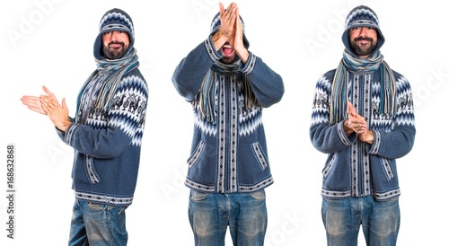 Set of Man with winter clothes applauding