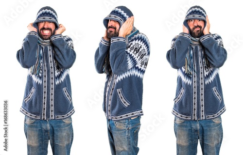 Set of Man with winter clothes covering his ears