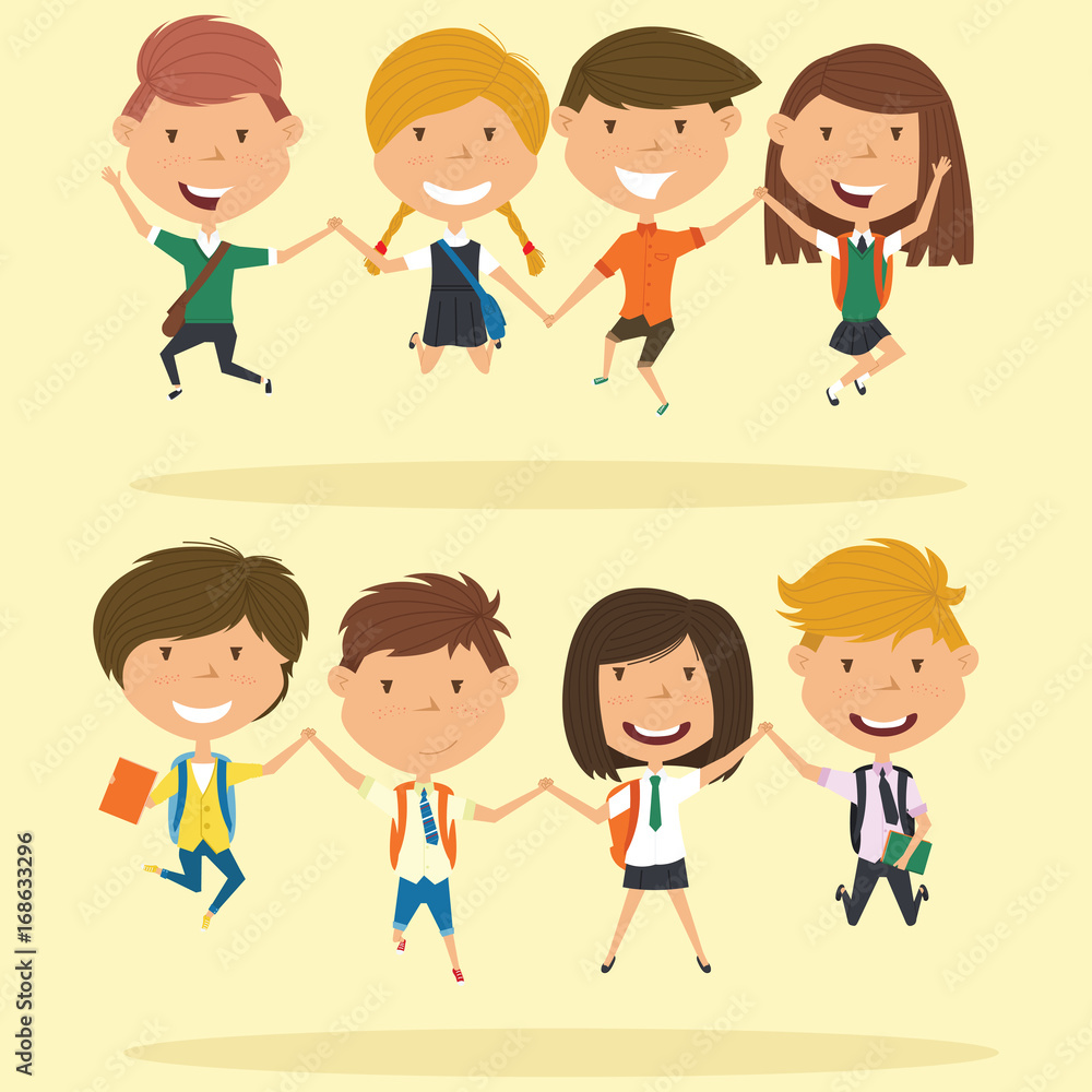 Cheerful school boys and girls make a jump. Cheerful school boys and girls make a jump.