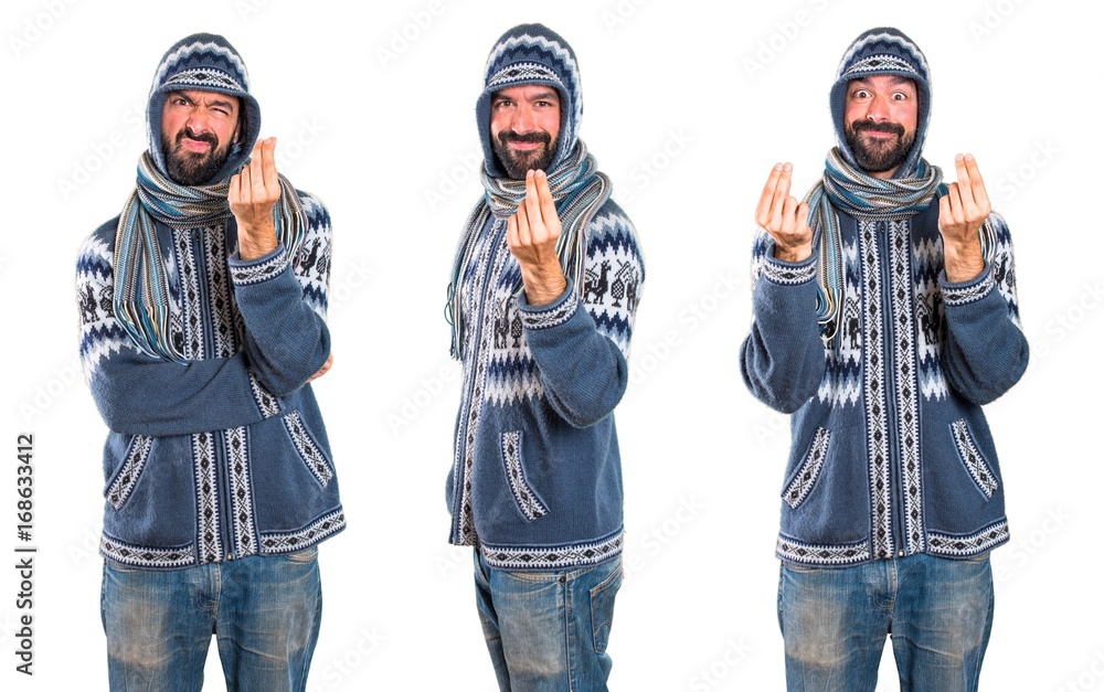 Set of Man with winter clothes making money gesture Set of Man with winter clothes making money gesture