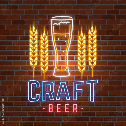Retro neon Beer Bar sign on brick wall background.