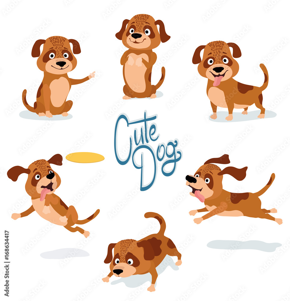 cute cartoon dog pointing, begging, standing, sitting, running, sniffing,  playing with yellow plastic disc. set of dog poses on white. vector  illustration Stock Vector | Adobe Stock