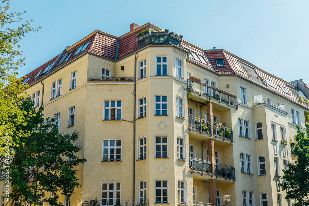 corner building at prenzlauer berg with clean sky