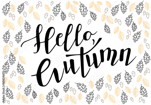 Hello autumn vector illustration. Vector illustration of hello autumn text for banners. Hello autumn calligraphy background. Hello autumn lettering typography poster. Good for cards, print, covers
