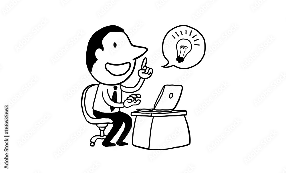 businessman working with laptop get great idea. creative concept. isolated vector illustration outline hand drawn doodle line art cartoon design character.