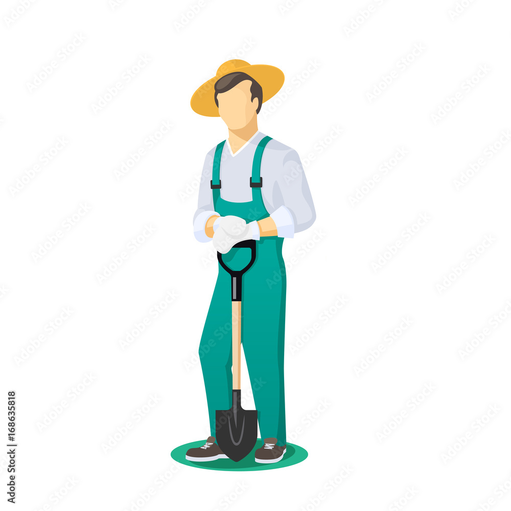 Gardener in working clothes with a shovel. Worker in overalls and hat. Vector illustration Gardener in working clothes with a shovel. Worker in overalls and hat. Vector illustration