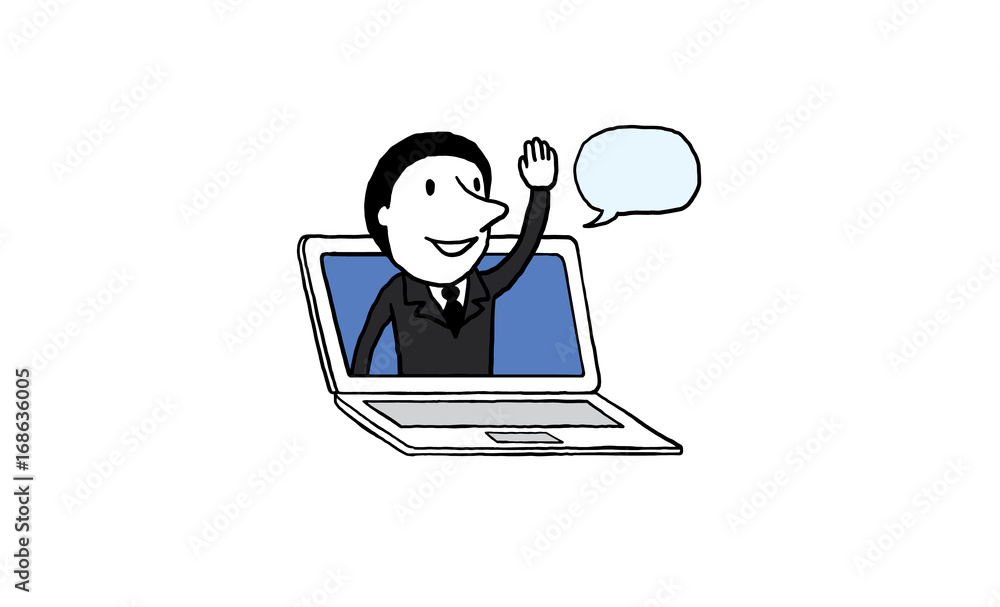 Businessman say hello on laptop screen. online deal conference concept. isolated vector illustration outline hand drawn doodle line art cartoon design character. Businessman say hello on laptop screen. online deal conference concept. isolated vector illustration outline hand drawn doodle line art cartoon design character.