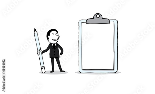 businessman holding a pencil and big clipboard checklist. business solution concept. isolated vector illustration outline hand drawn doodle line art cartoon design character.