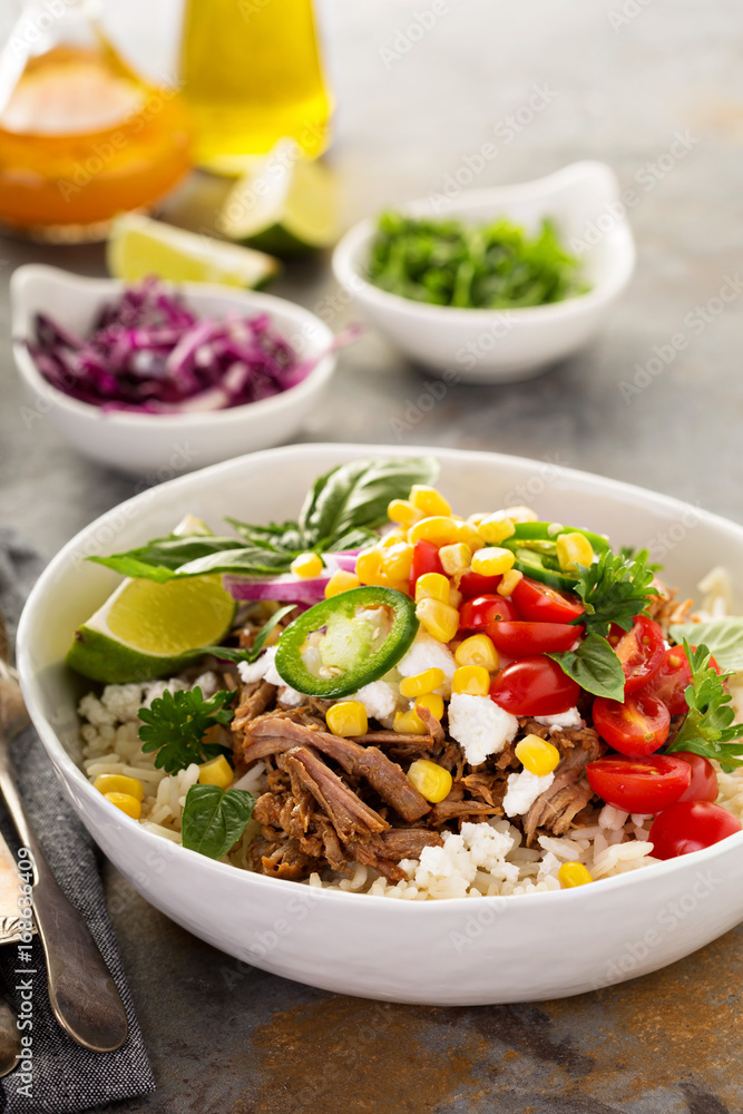 Dinner bowl with rice and pulled pork
