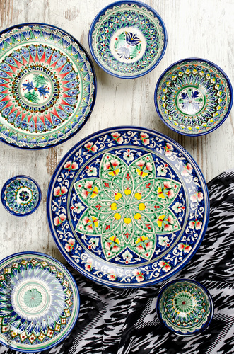 Ethnic Uzbek ceramic tableware.
