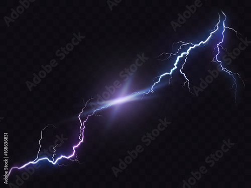 Vector illustration of a realistic style of bright glowing lightning isolated on a dark translucent background, natural light effect Fototapet