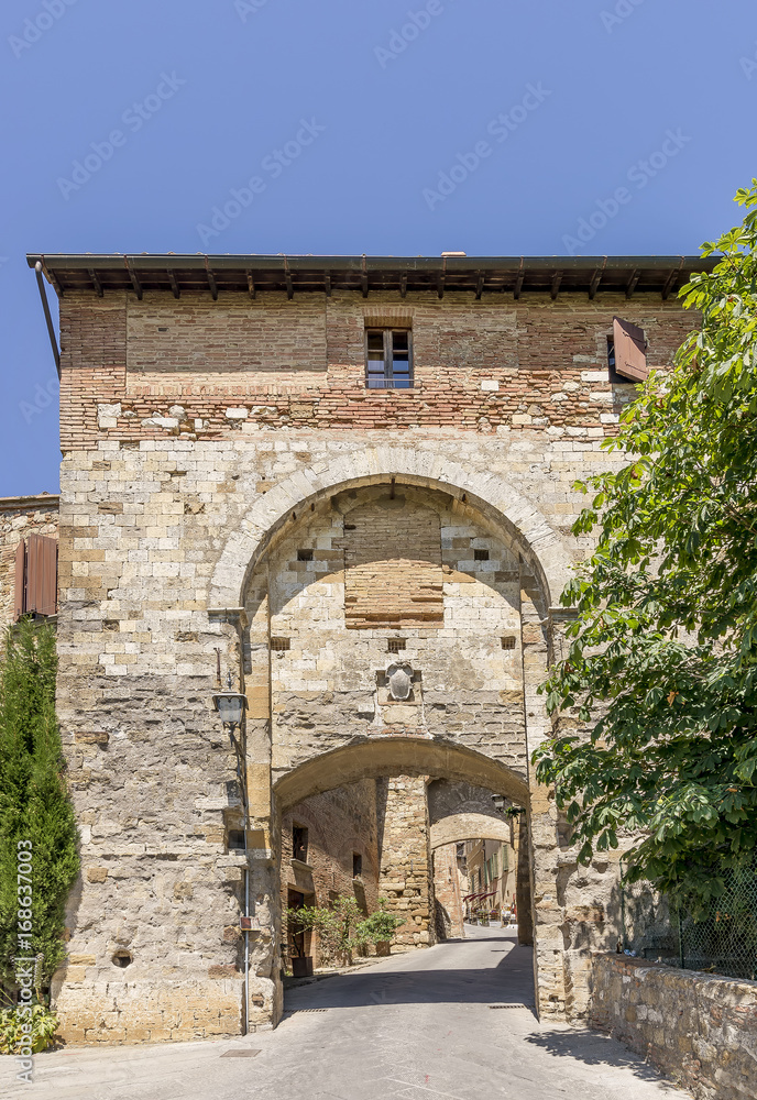 The ancient Porta delle Farine, Montepulciano, Tuscany, Italy, on a sunny day