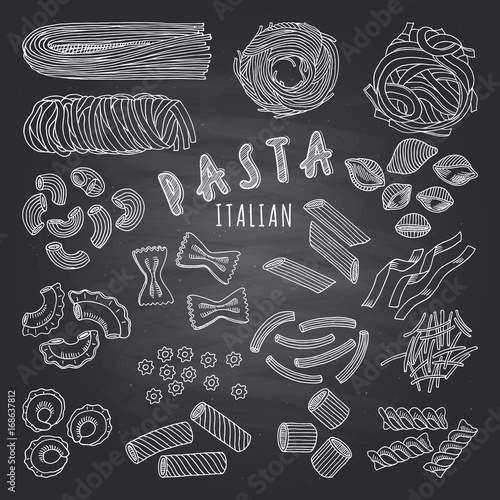 Types of itallian pasta. Hand drawn pictures on dark background. Icons set for restaurant menu