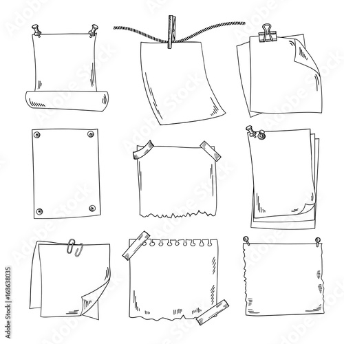 Sketch papers and different notepapers vector set in hand drawn style