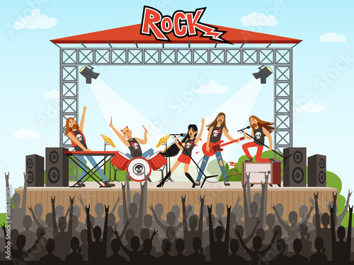 Rock band on stage. People on concert. Music performance. Vector illustration in cartoon style