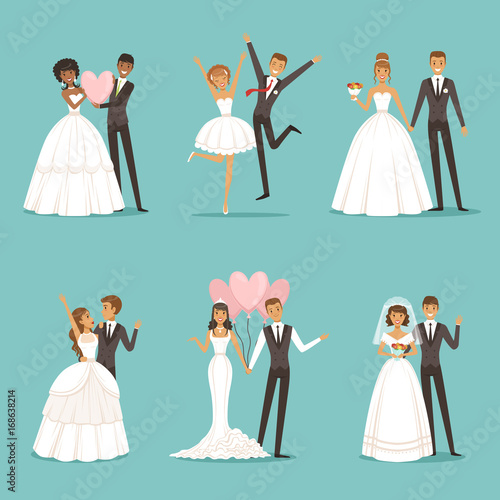 Married couple characters set. Wedding mascot design in cartoon style. Brides in beautiful clothes