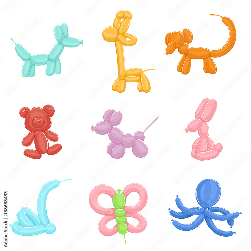 Fototapeta Śmieszne nadmuchiwane zwierzęta z kolorowych balonów. Ilustracje wektorowe w stylu cartoon