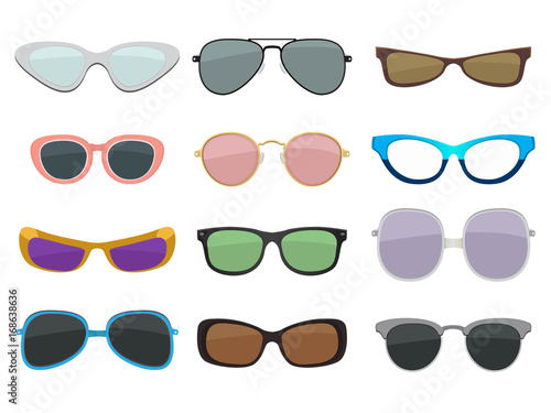 Fashion illustration set. Different sizes and types of sunglasses. Vector colored pictures in cartoon style