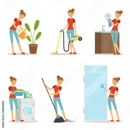 Woman making different housework. Active mother at homework. Vector illustration in cartoon style