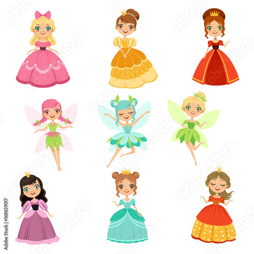 Cartoon funny fantasy princesses in different dresses and costumes. Fairytale vector illustration set