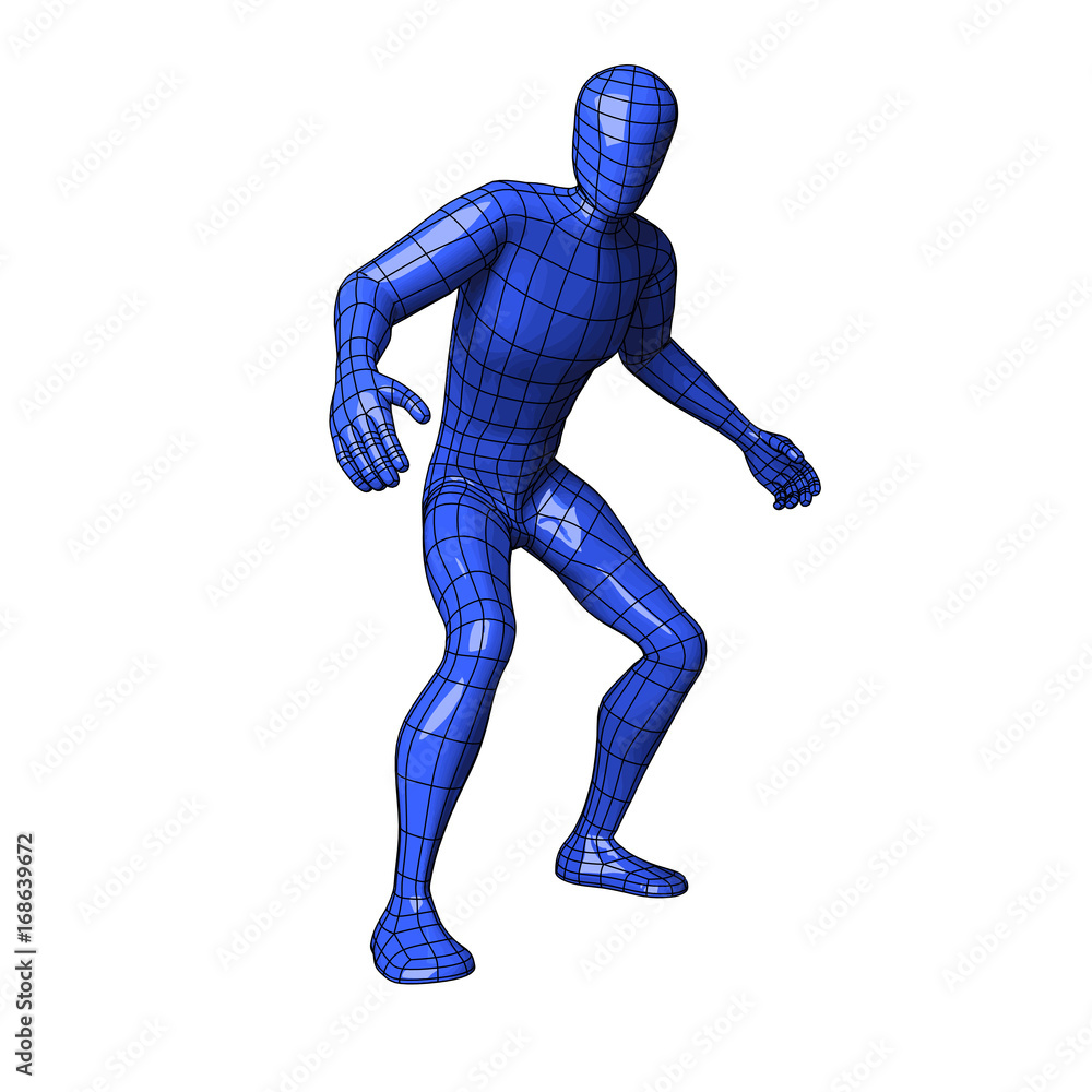 Wireframe human figure caught and about to flee Wireframe human figure caught and about to flee