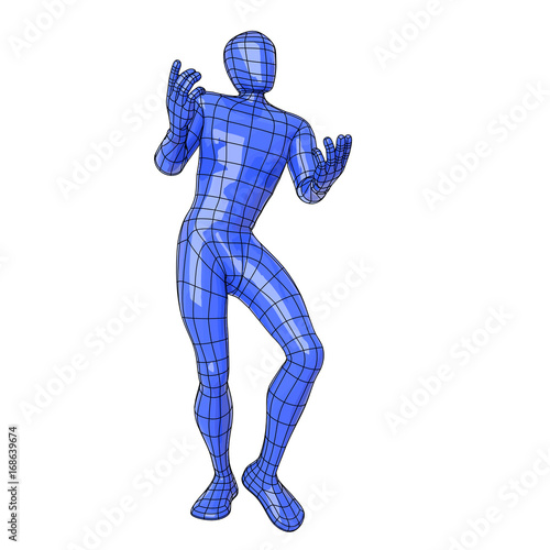 Wireframe human figure declaiming and dancing as a medieval minstrel