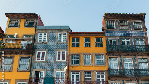 Facades of houses in old Porto downtown, Portugal.