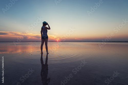 Beauty sunset on salty lake