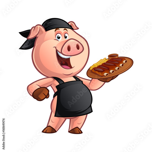 Pig chef carrying a tray with a barbecue rib