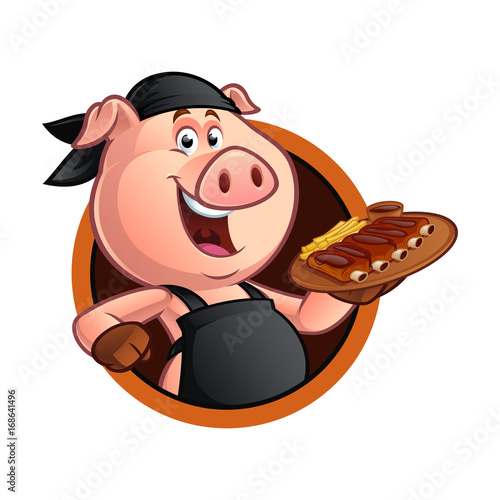 Pig chef carrying a tray with a barbecue rib