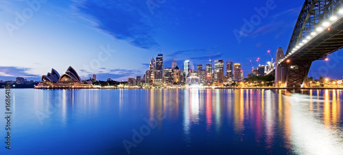 Sydney skyline and harbor bridge during sunrise  New South Wales Australia