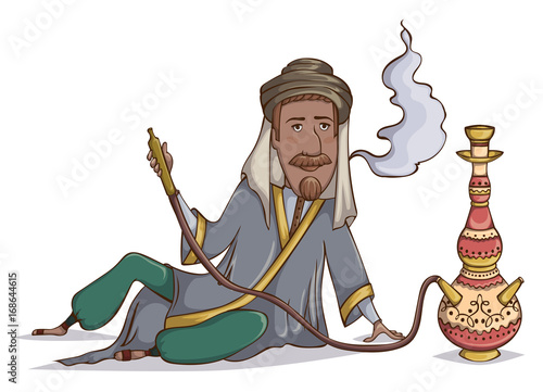 Arab man smoke hookah. Cartoon character. Vector illustration