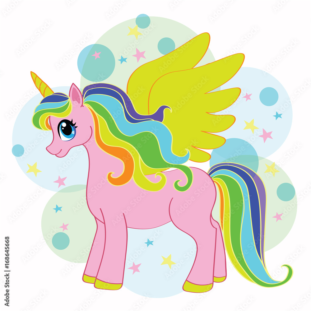 Vector drawing of a pegasus with a bright mane of rainbow colors.