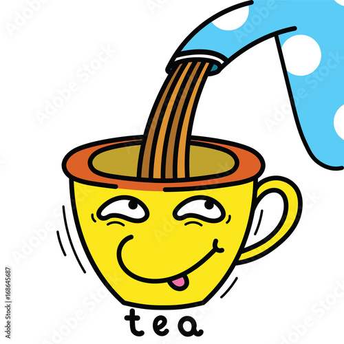 Vector drawing of a smiling cup in which pour tea