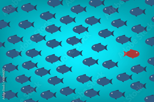 Think differently -One red unique different fish swimming opposite way of identical blue ones. Courage, confidence, success, crowd and creativity concept. EPS 10 vector illustration.