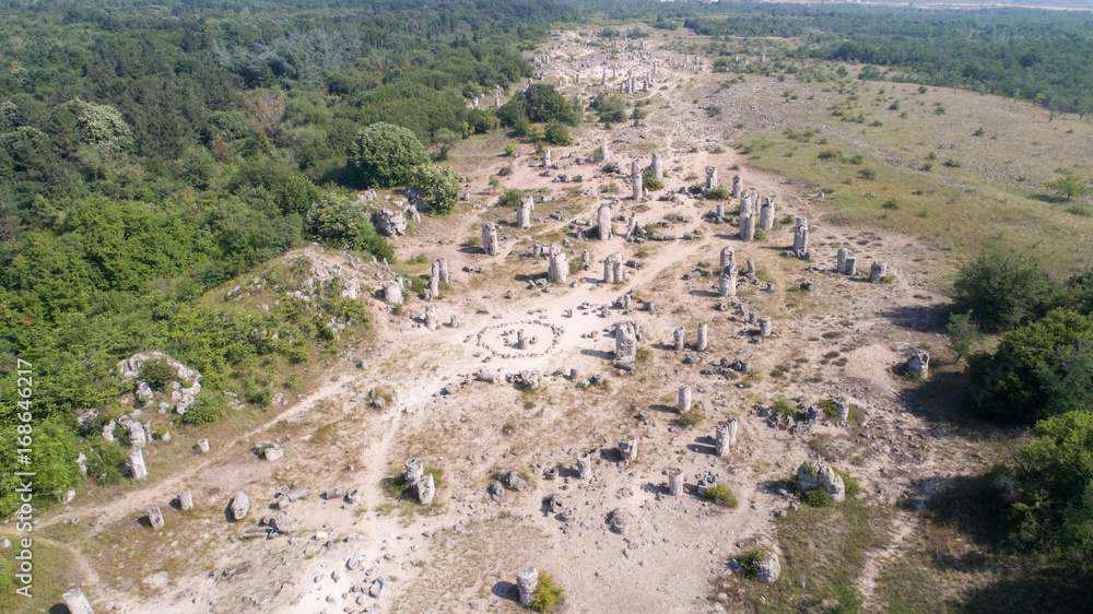 Aerial view of Stone Forest near Varna, Bulgaria, Pobiti kamani, rock phenomenon Aerial view of Stone Forest near Varna, Bulgaria, Pobiti kamani, rock phenomenon