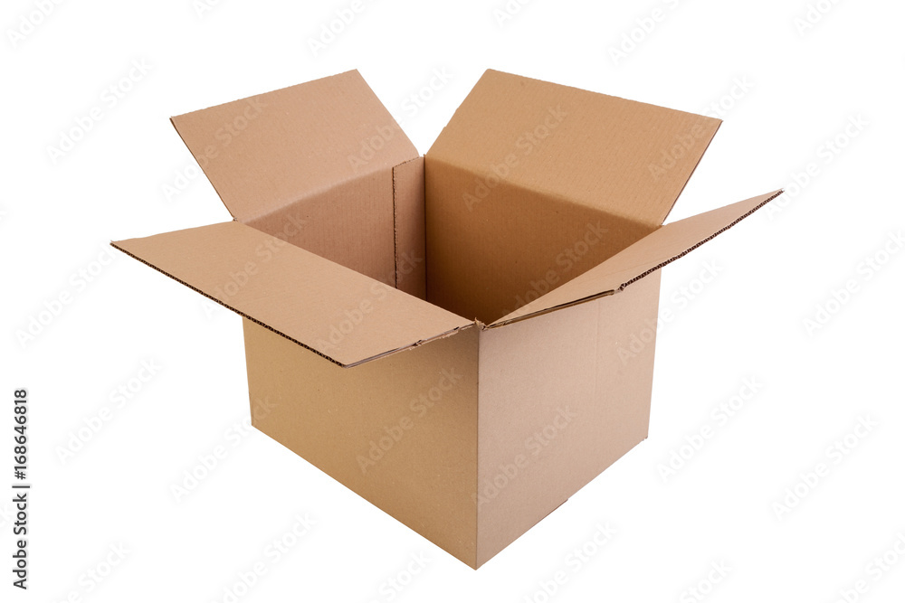 Simple brown, open and empty carton box, isolated on white