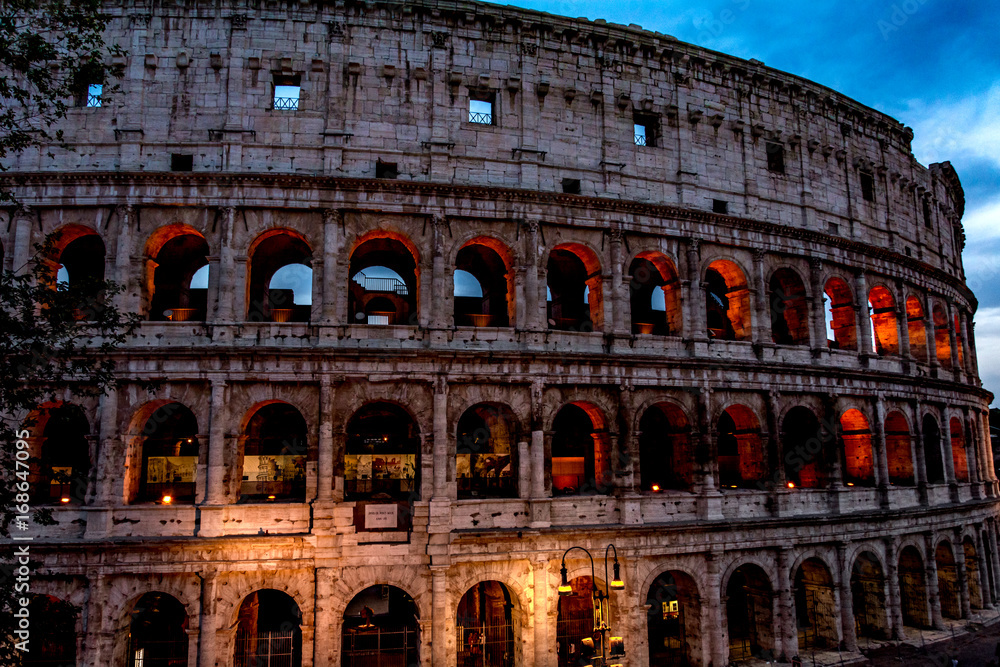 Italian architecture of Rome. Atmospheric city. The legendary Colosseum. blood and Sand Evening Shooting
