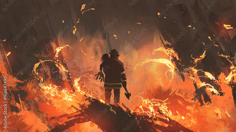 firefighter holding girl standing in burning buildings, digital art style, illustration painting