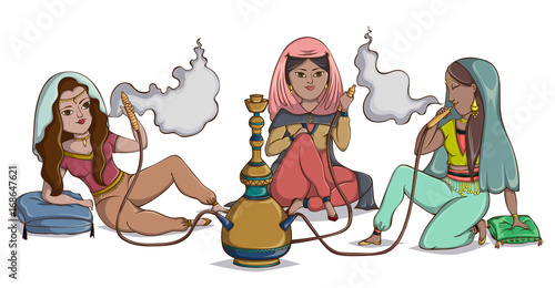 Arab women smoke hookah. Cartoon characters.Vector illustration